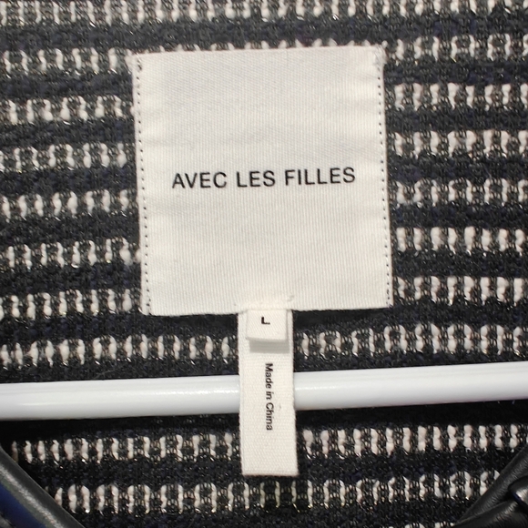 Aves Les Filles Large Sweater Asymmetrical Full Zip Black And White Stripe Tweed - Picture 5 of 6